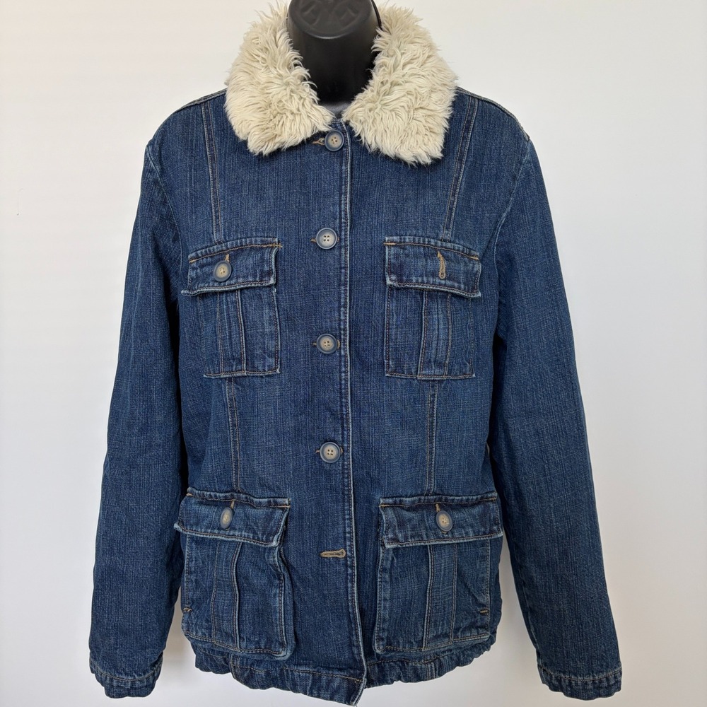Roots Denim Jacket Faux Fur Collar Quilted Lining Size L Blue 6043D